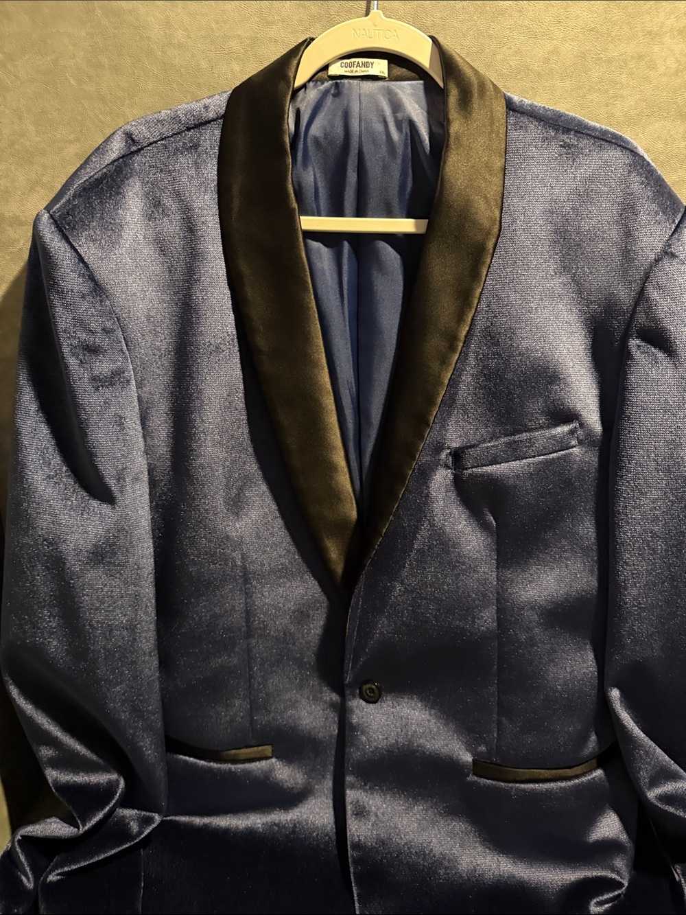 Men's Navy Satin Tuxedo Blazer with Black Shawl Collar